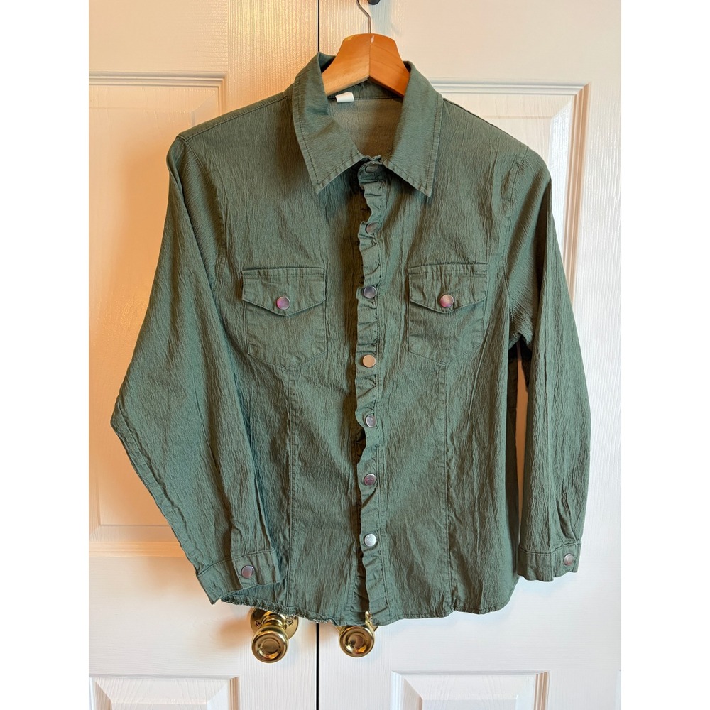 Womens Sage Green Crinkle Western Snap Button Down Shirt Long Sleeve Size M